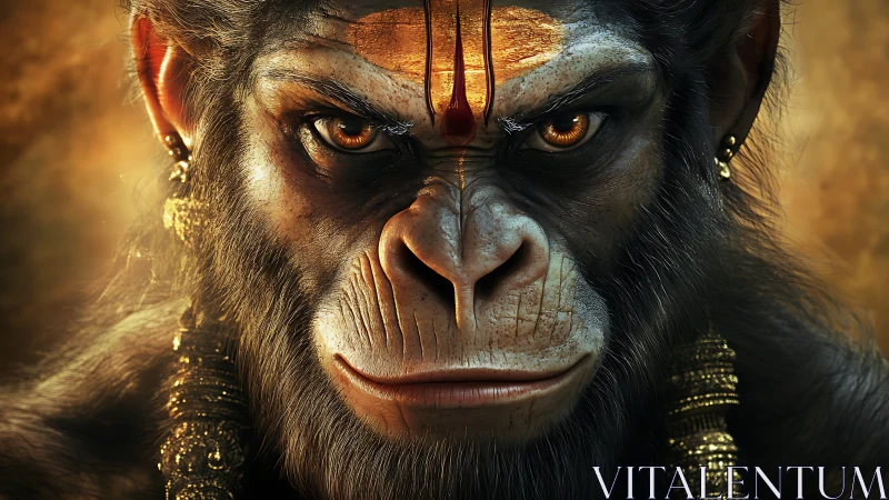 Regal monkey warrior spirit with glowing golden gaze.