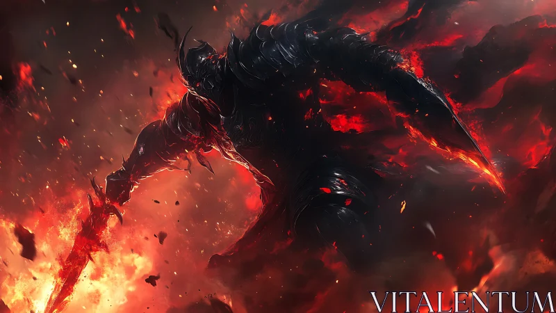 Inferno-clad warlord carving fury through collapsing firestorm.