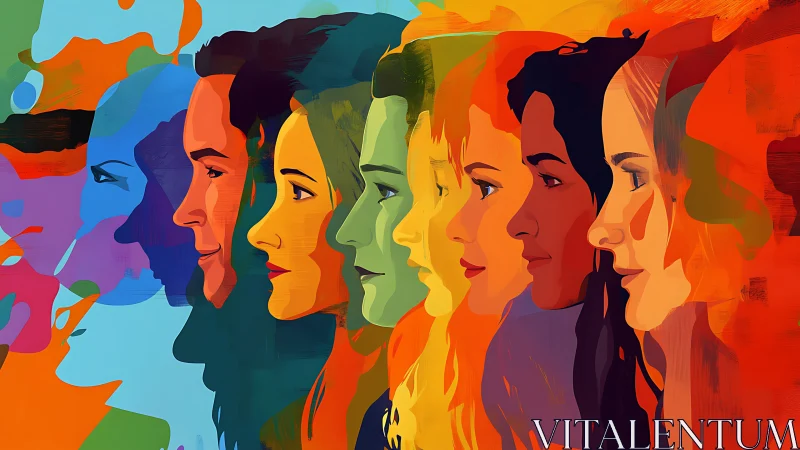 Diverse Faces in Vibrant Abstract Style, Side Profile Portraits.