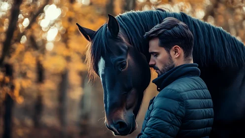 Quiet autumn moment shared between a man and his horse.