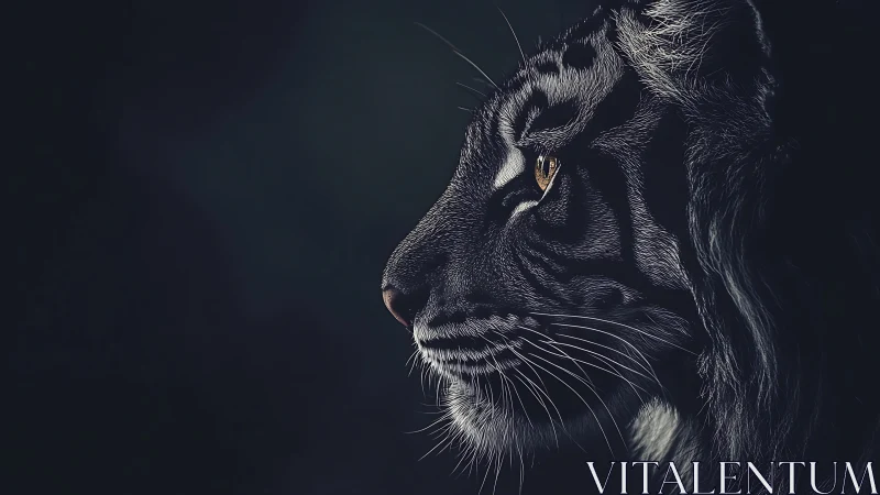 Low key side profile portrait of tiger with dramatic contrast.