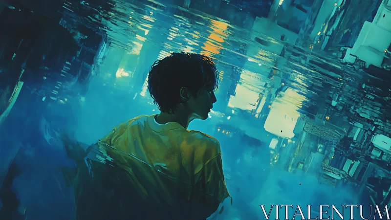 Figure in reflective blue water against abstract cityscape.