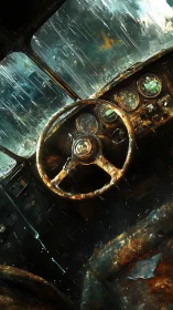 Rusting car interior leans into a storm of fractured light