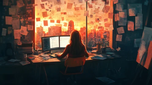Focused creator at a glowing desk overlooking sunset city.