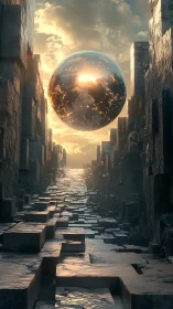 Reflective energy sphere over tessellated stone corridor at dusk