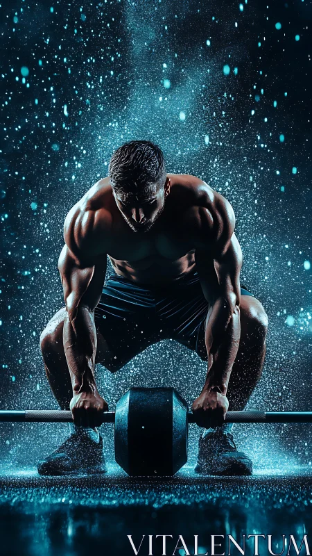 Muscular man lifting barbell under water spray in studio.