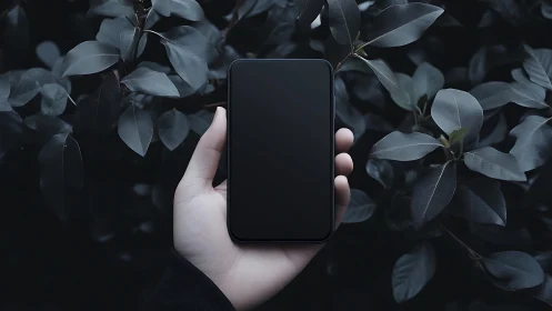 Hand Holding Blank Smartphone Among Dark Foliage.