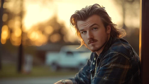 Sunlit portrait of contemplative man in flannel at dusk.