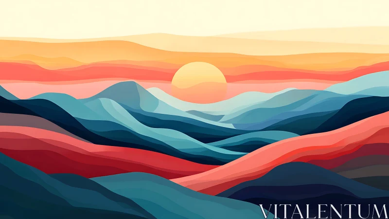 Chromatic stratified landscape with vector sunrise horizon field.