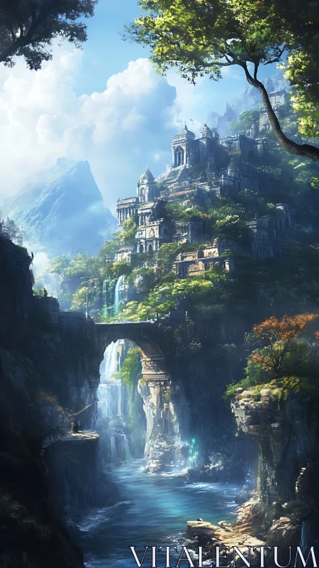 Tiered stone city clings to cliffs above cascading river