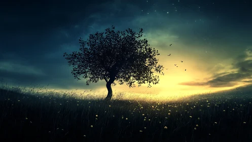 Lone tree in dreamy field at sunset with glowing sky and birds.