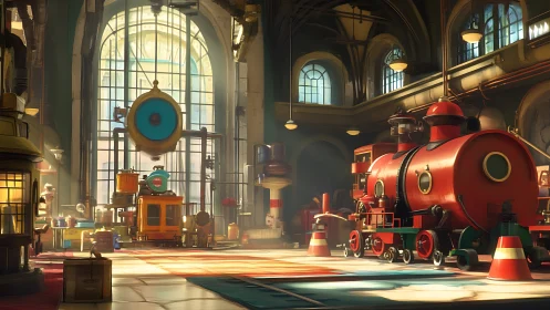 Red toy-like train sits in bright industrial workshop