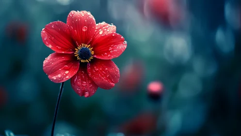 Red poppy with water droplets in rain-saturated botanical macro shot