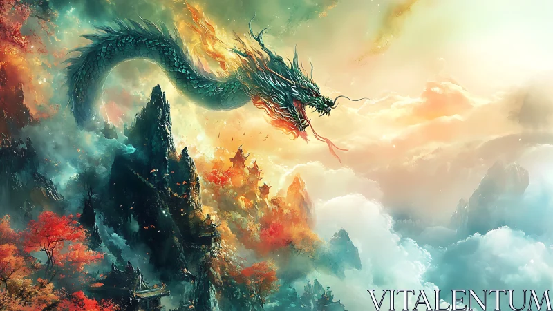 Serpentine dragon above misty mountains and pagoda peaks.