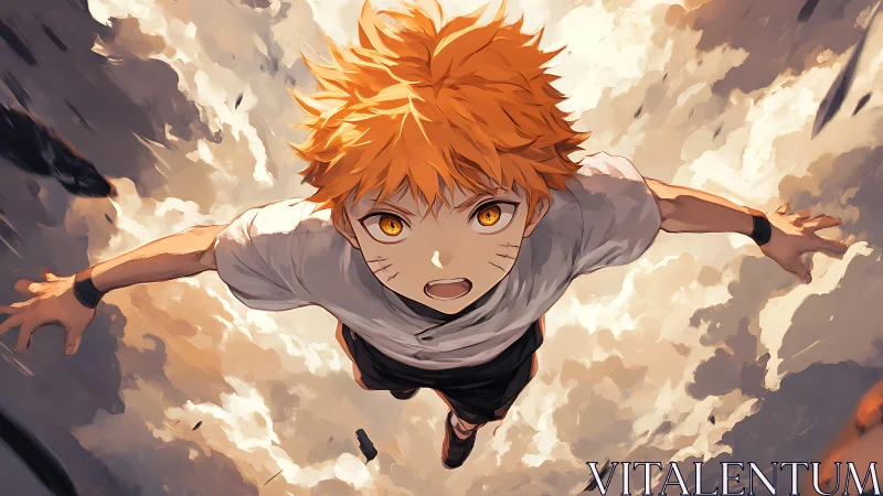 Fiery‑eyed anime boy soars upward through stormy skies