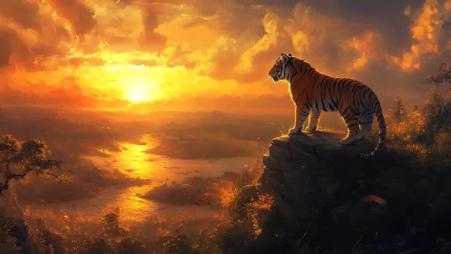 Solitary tiger surveying a blazing river sunset horizon.