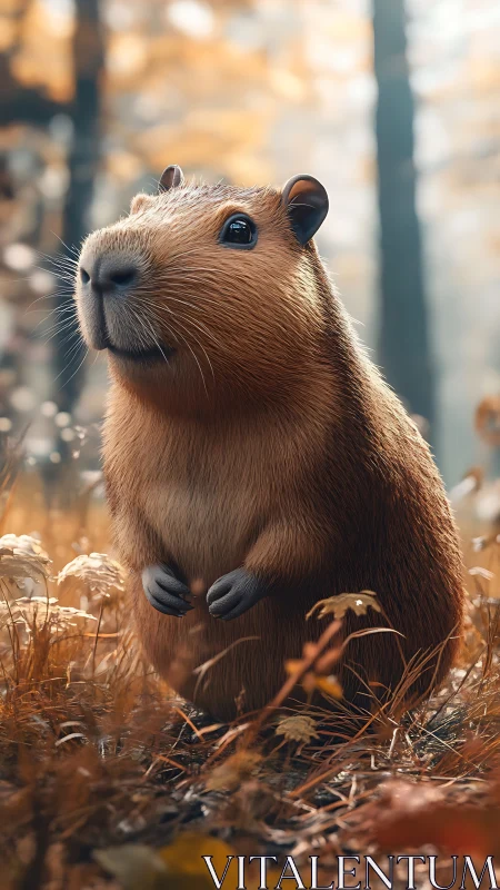 Autumn daydream capybara in softly glowing forest light.