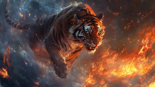 Firelit tiger charge through swirling smoke and embers.