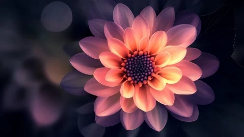 Luminous Dahlia Bloom with Radiant Core Against Dark Background