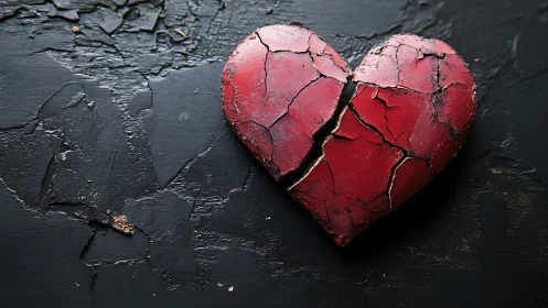 Fractured red heart form on dark textured surface.