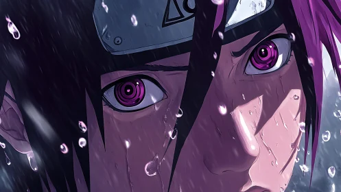 Intense anime warrior close up under heavy rainfall.