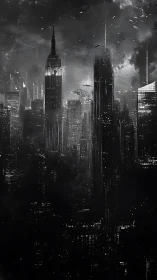 Monochrome dystopian skyline shrouded in storm clouds.