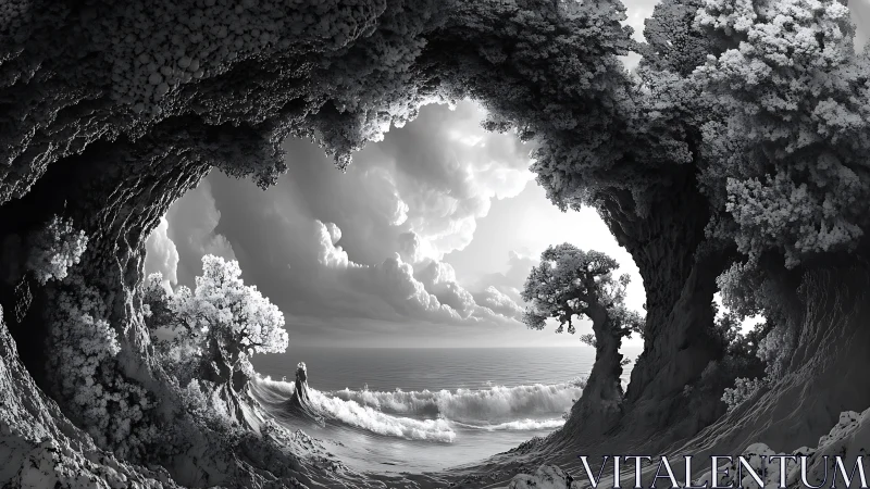 Monochrome surreal coast framed by organic cliff forms.