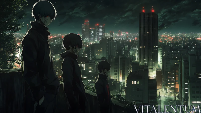 Midnight sentinels brood above a neon-drowned cityscape.