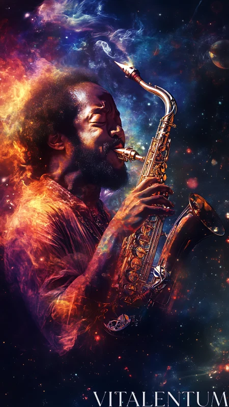Celestial jazz saxophonist immersed in cosmic nebulae.