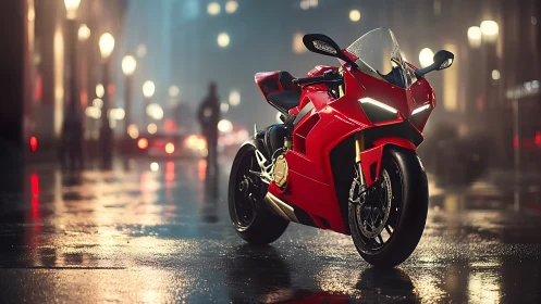 Red superbike glows on a rainy neon city street at night