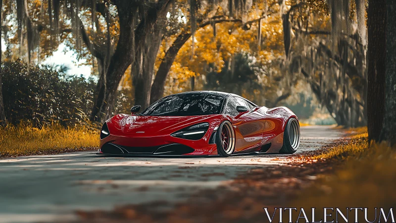 Crimson supercar glides through a golden autumn forest lane