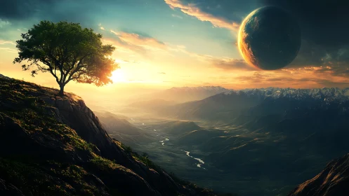 Lonely cliffside tree overlooks alien valley at glowing sunset