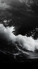 Dark stormy wave crashing under heavy dramatic clouds.