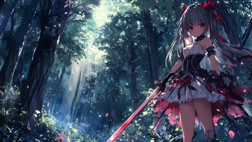 Anime forest swordswoman in dramatic backlit composition.