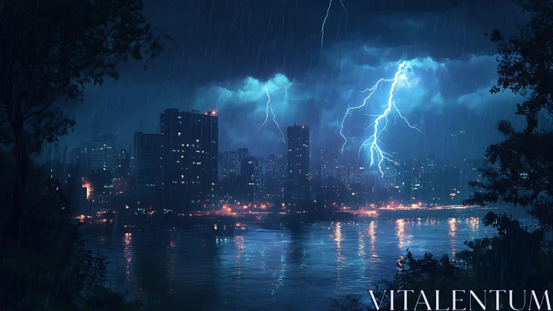 Lightning storm illuminates dense city skyline at night