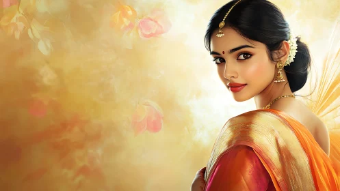 Elegant Indian Woman in Traditional Saree, Artistic Portrait.