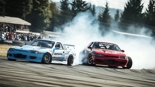 Twin drift rockets carve smoky commas across the track