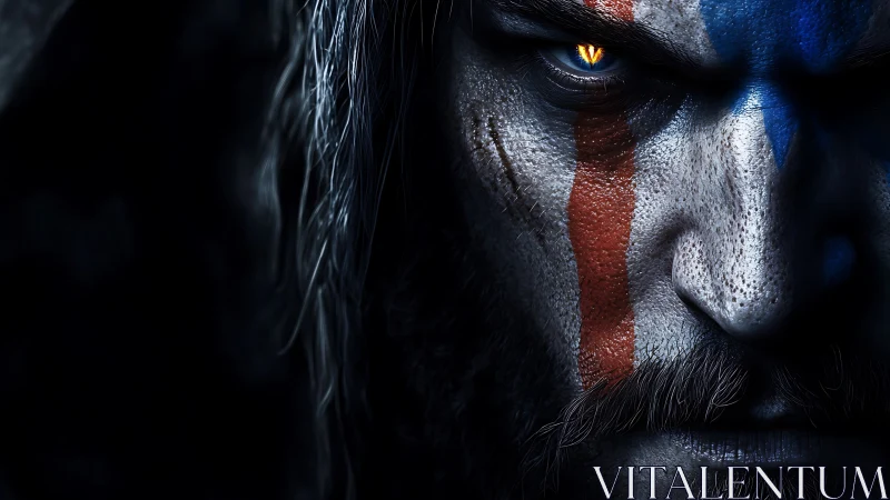 Warrior close-up with neon warpaint and burning eye stare.