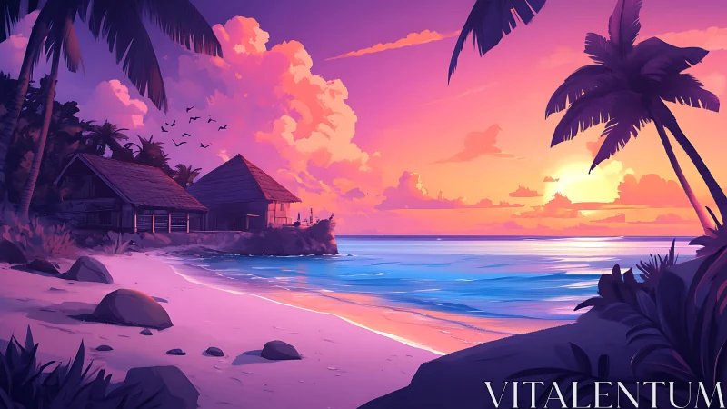 Tropical Beach Residence During Sunset with Silhouetted Vegetation