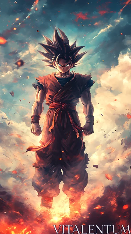 Fiery anime warrior rises through storm-lit battle sky