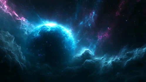 Glowing blue planet cradled in dreamy cosmic clouds.