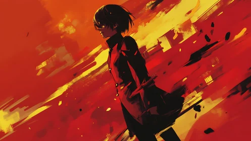 Silhouetted figure in red and yellow abstract urban field.