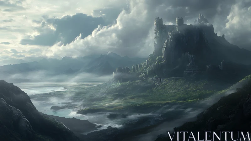 Epic digital painting of mist-laden fortress mountainscape.