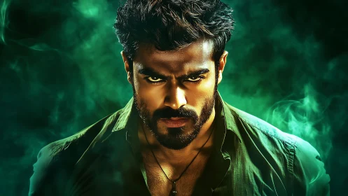 Storm-eyed warrior framed by swirling emerald firelight.