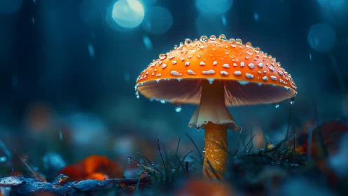 Rain-speckled forest mushroom glowing like a tiny lantern.
