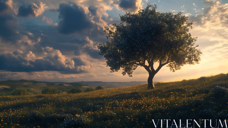 Golden hour tree glowing over peaceful wildflower meadow.