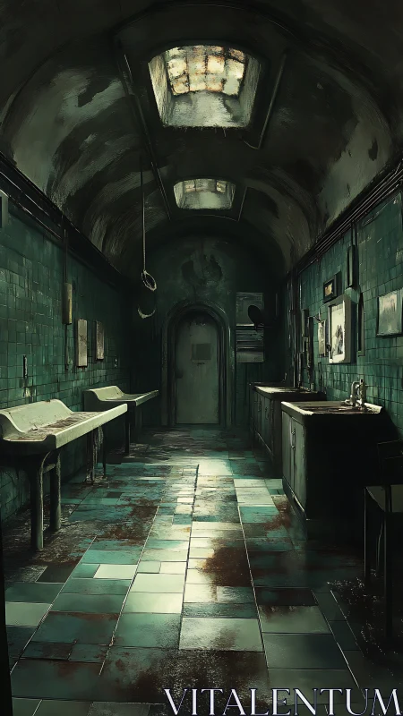 Abandoned tiled corridor with sinks and decayed ceiling.