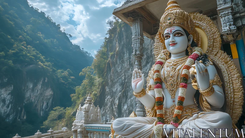 Photorealistic mountain temple with ornate devotional sculpture.