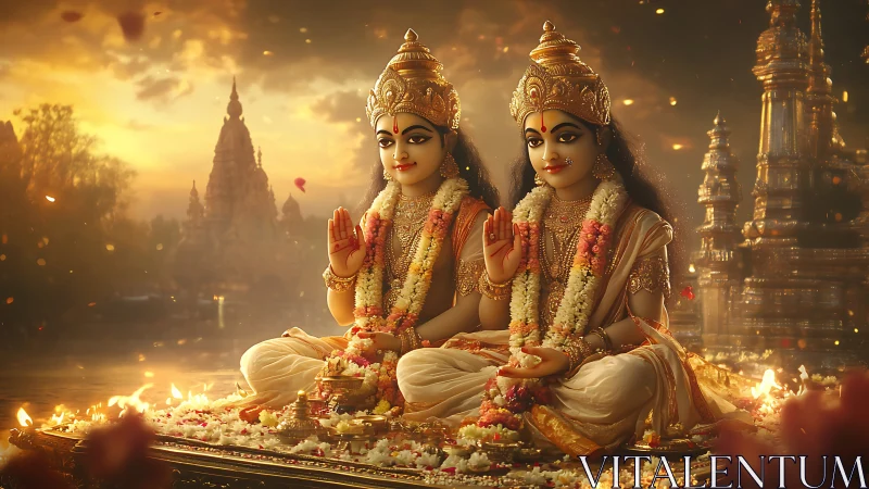 Digital twin goddesses in ornate mandapa with temple backdrop