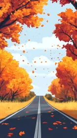 Autumn highway perspective with stylized foliage and dynamic leaf motion